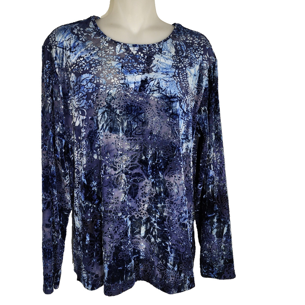 Chico's Women Velvet Burnout Top Large Floral Long Sleeve Blue Whimsigoth Witchy